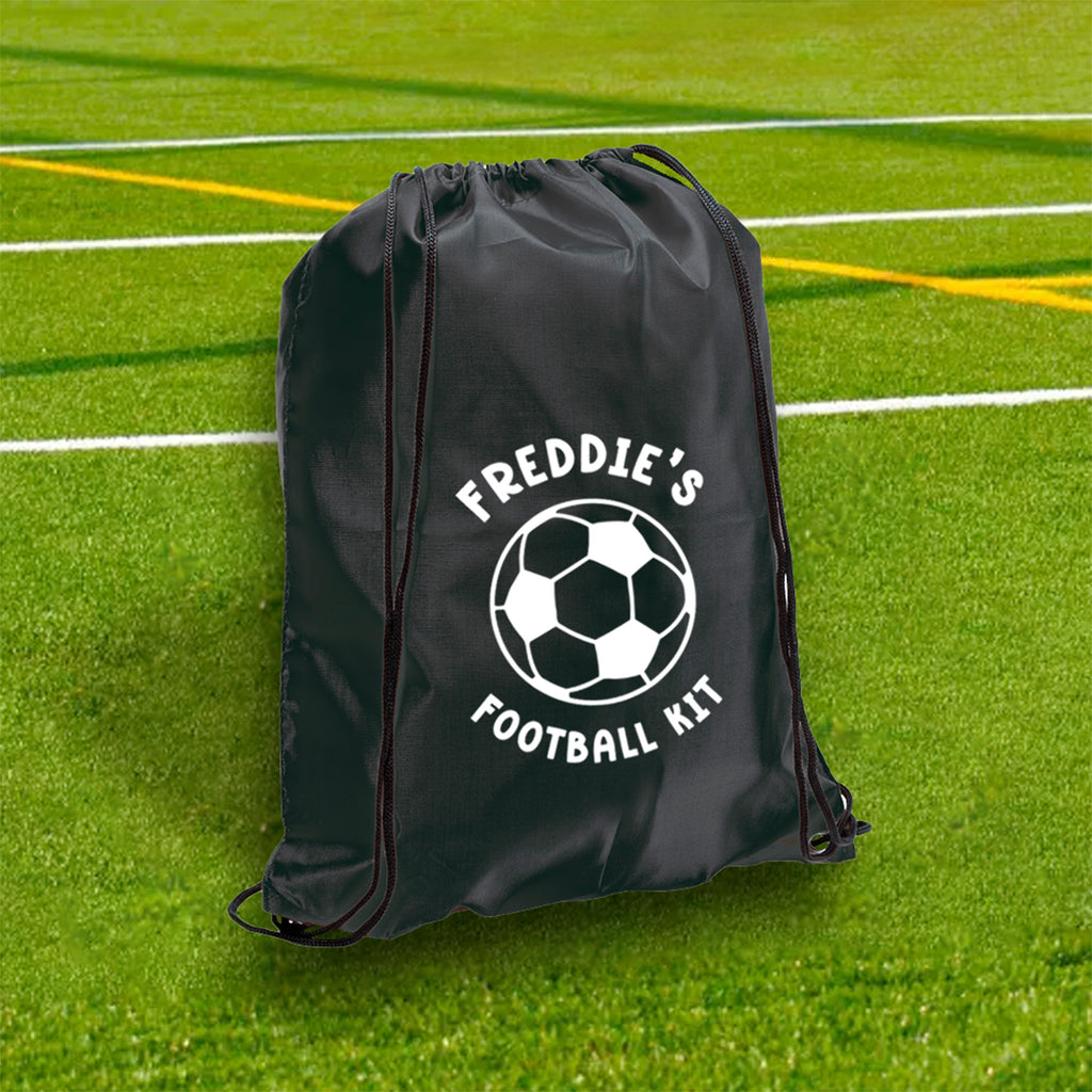 Black drawstring bag with 'Freddie's Football Kit' text and soccer ball graphic on a grass field.