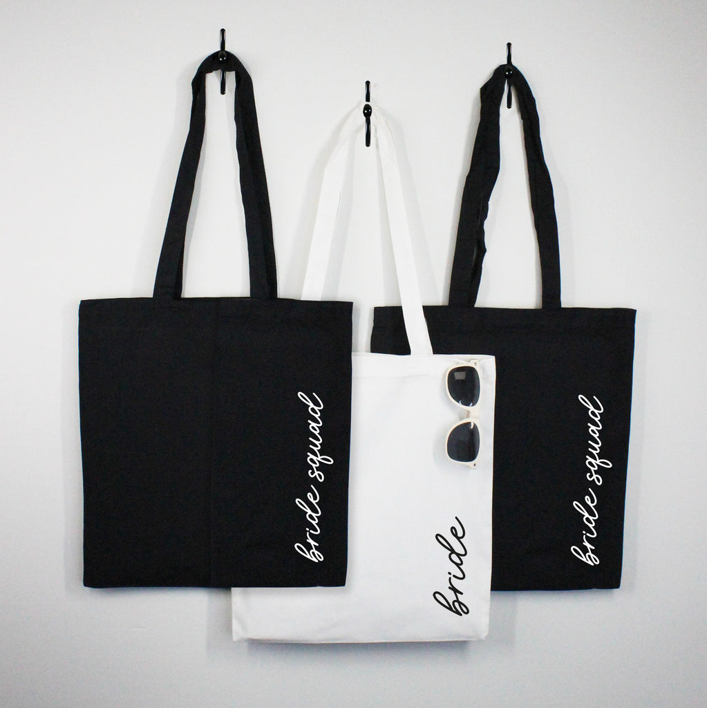 White Bride & Black Bride Squad Tote Bags