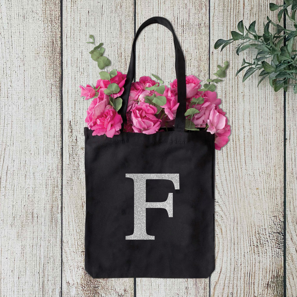 Black Tote Bag with Large Initial