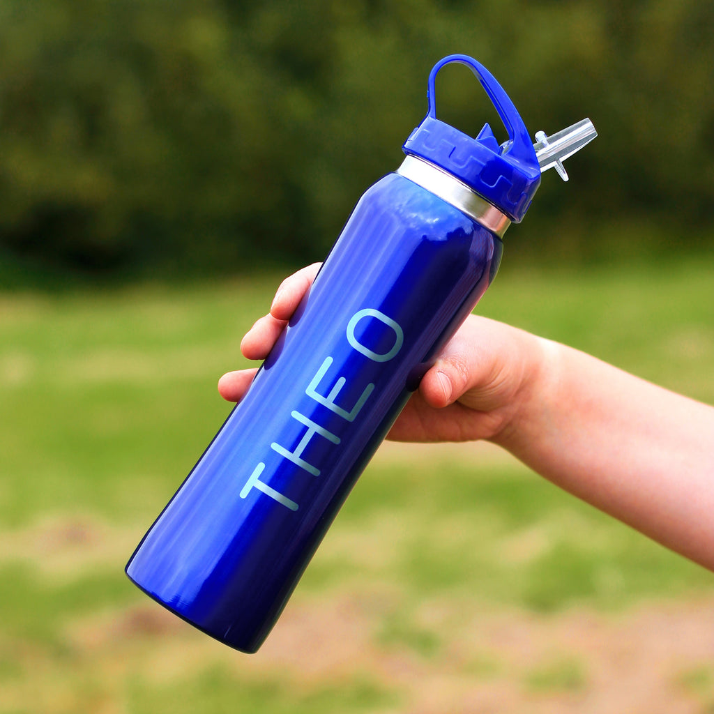 Personalised Blue Metal 800ml Water Bottle with Flip Straw