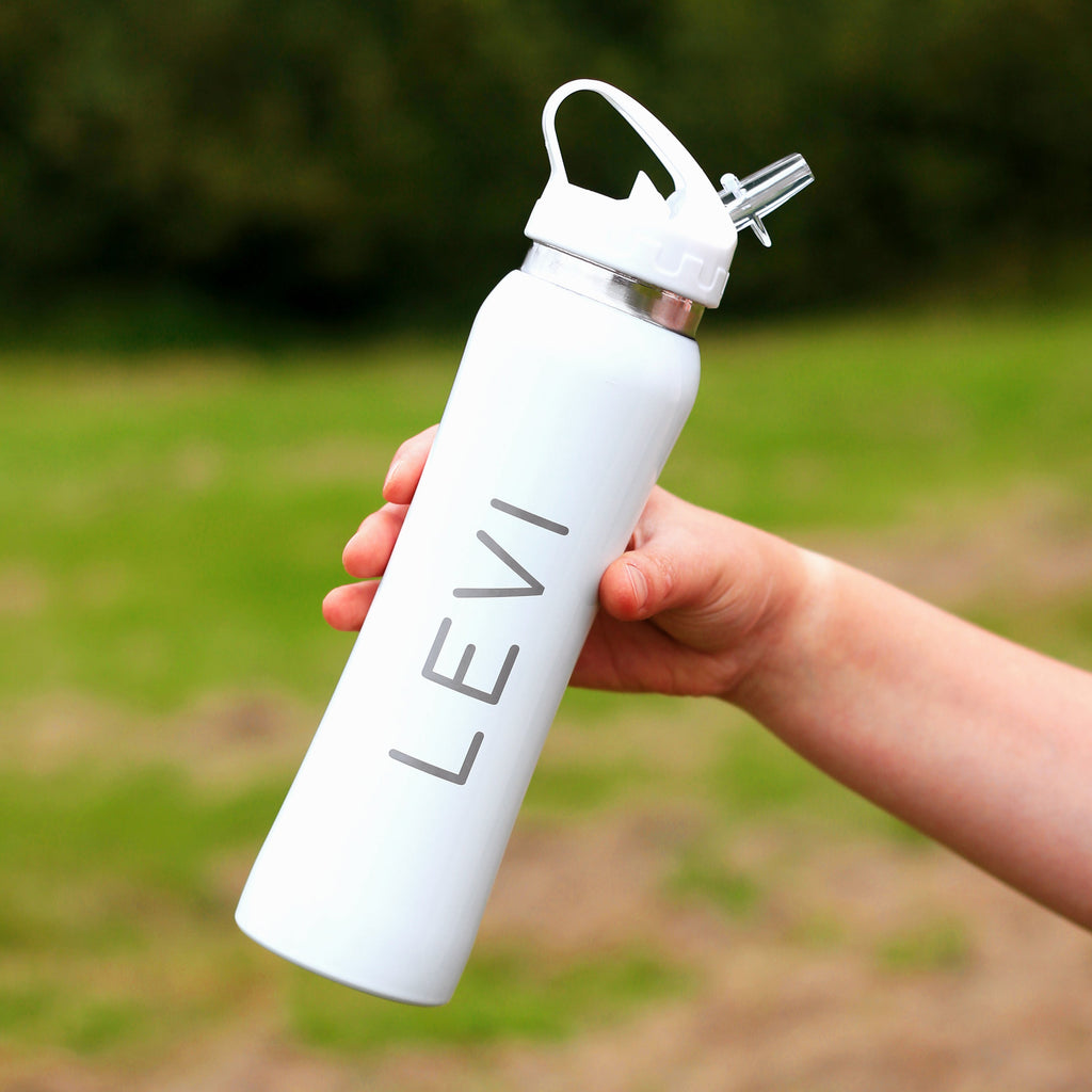 Personalised White Metal 800ml Water Bottle with Flip Straw