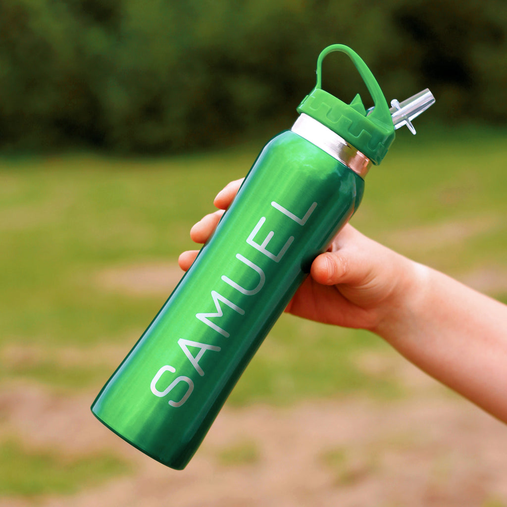 Personalised Green Metal 800ml Water Bottle with Flip Straw