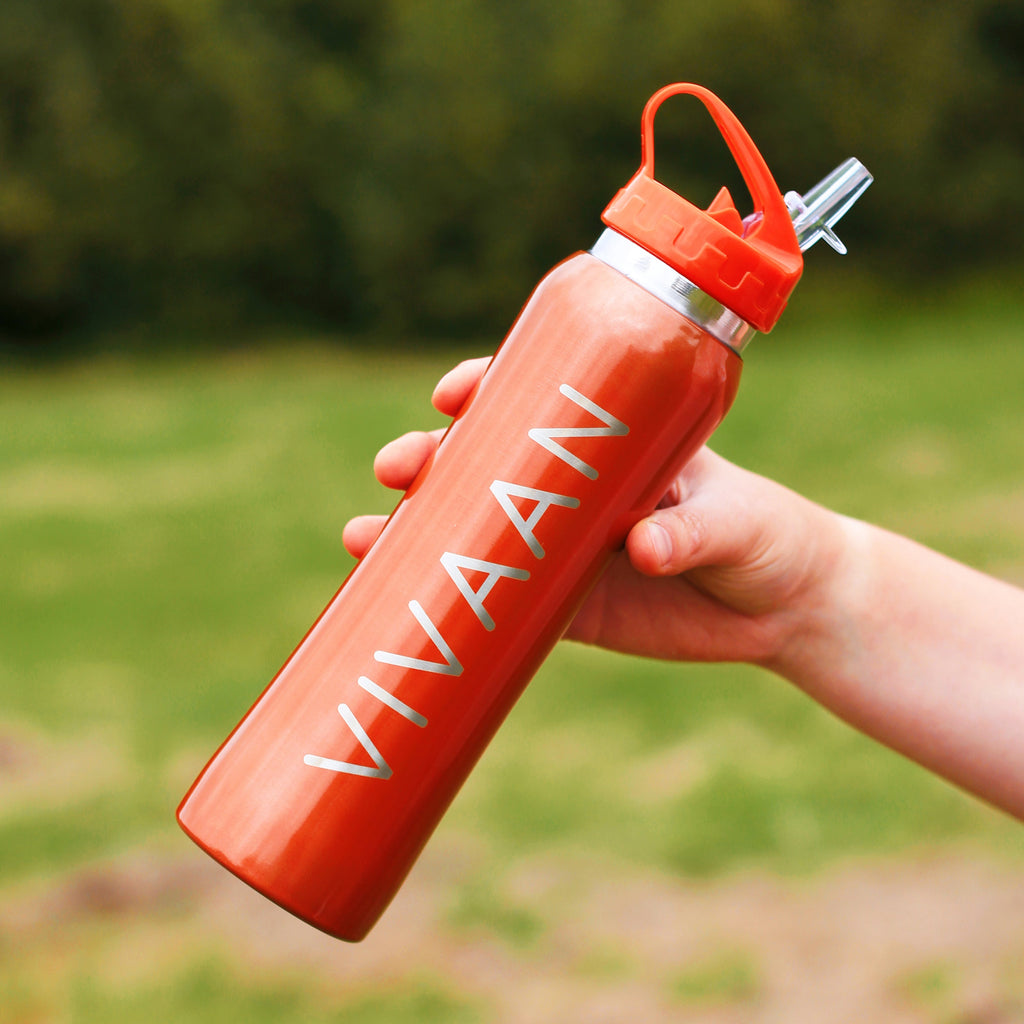 Personalised Orange Metal 800ml Water Bottle with Flip Straw