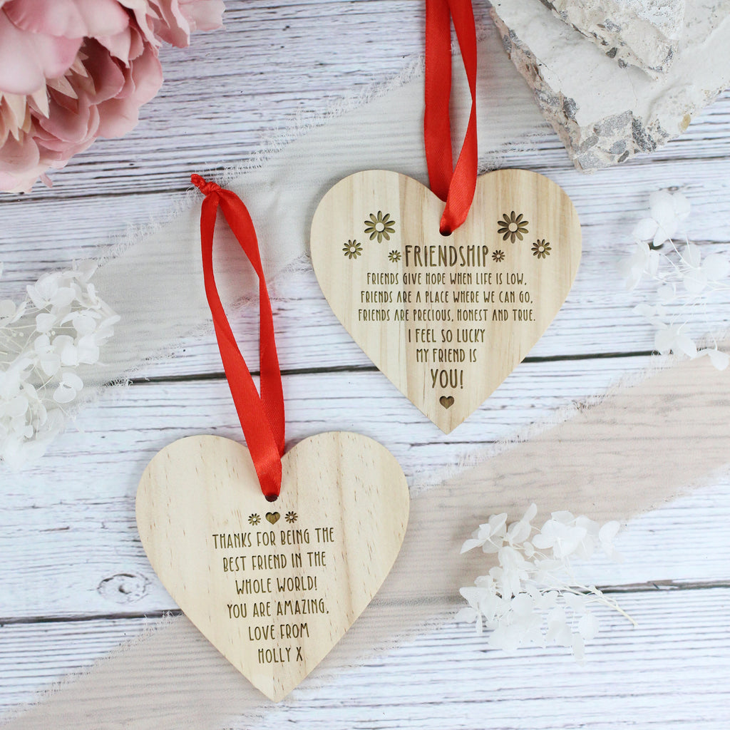 Friendship Wooden Hanging Heart with Personalisation