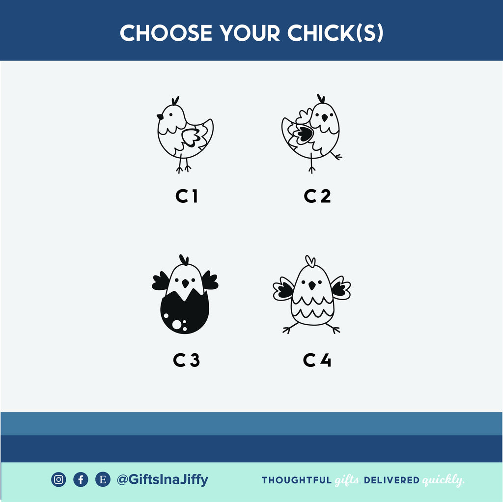 Four black and white chick illustrations with labels C1 to C4 on a blue and white background.
