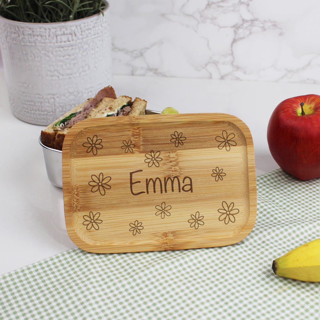 Personalised Girls Floral Metal Lunch Box with Bamboo Lid & Cutlery