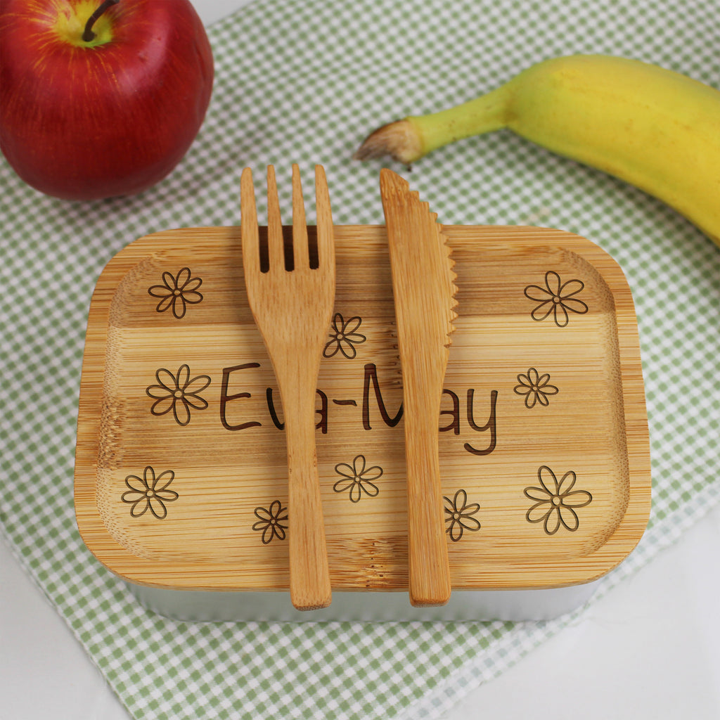 Personalised Girls Floral Metal Lunch Box with Bamboo Lid & Cutlery