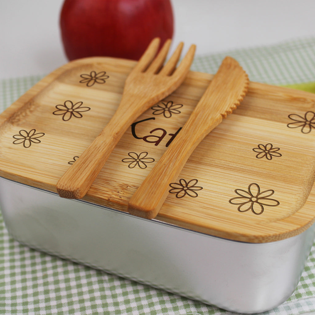 Personalised Girls Floral Metal Lunch Box with Bamboo Lid & Cutlery