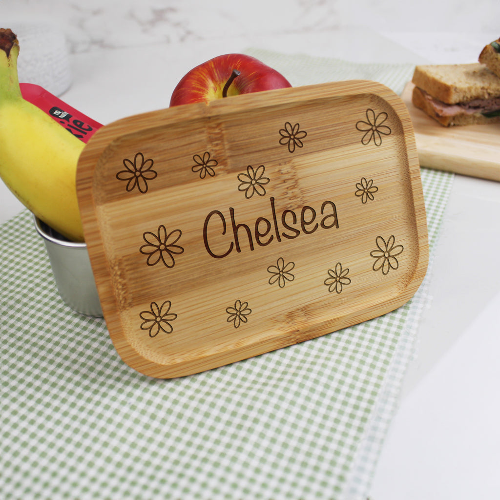 Personalised Girls Floral Metal Lunch Box with Bamboo Lid & Cutlery