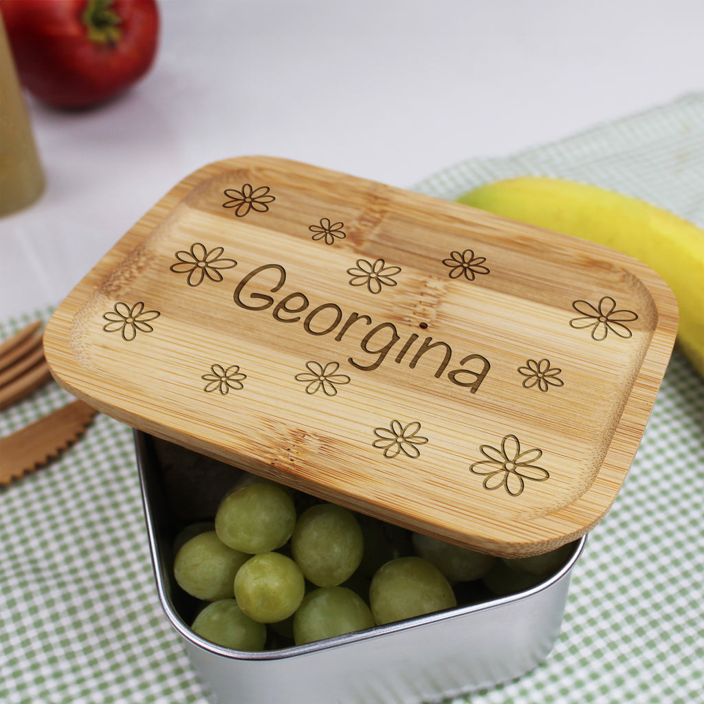 Personalised Girls Floral Metal Lunch Box with Bamboo Lid & Cutlery