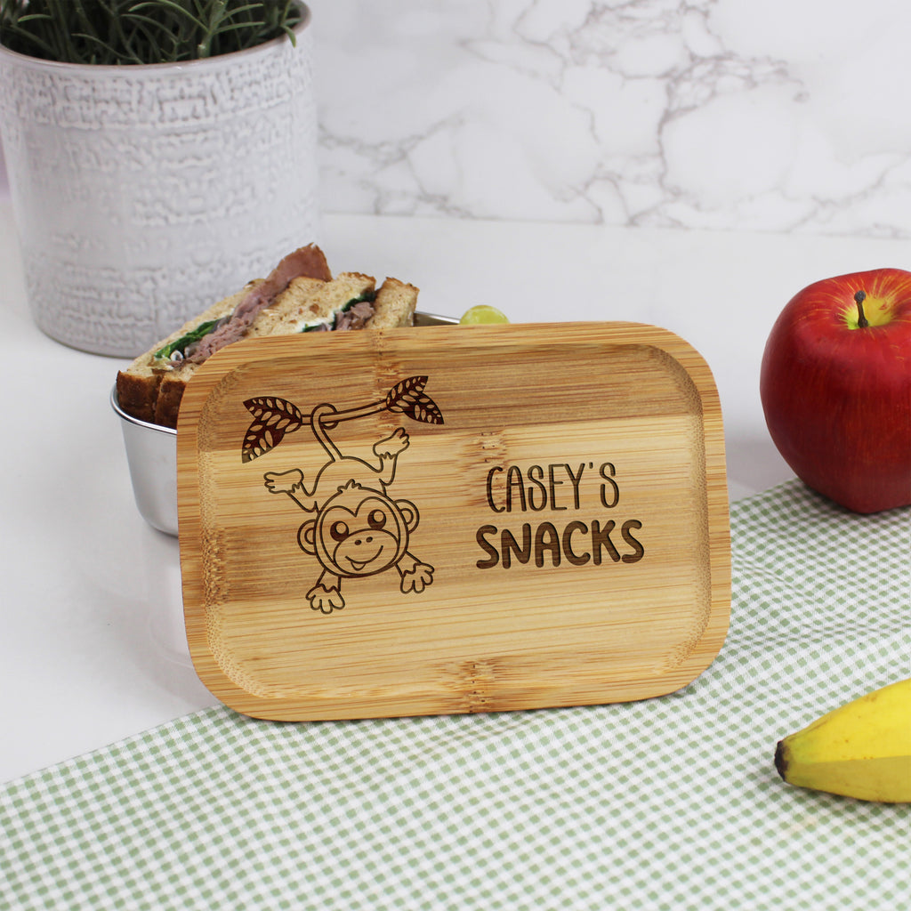 Personalised Kids Metal Monkey Lunch Box with Bamboo Lid & Cutlery