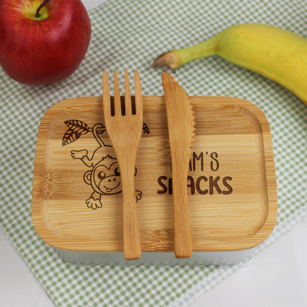 Personalised Kids Metal Monkey Lunch Box with Bamboo Lid & Cutlery