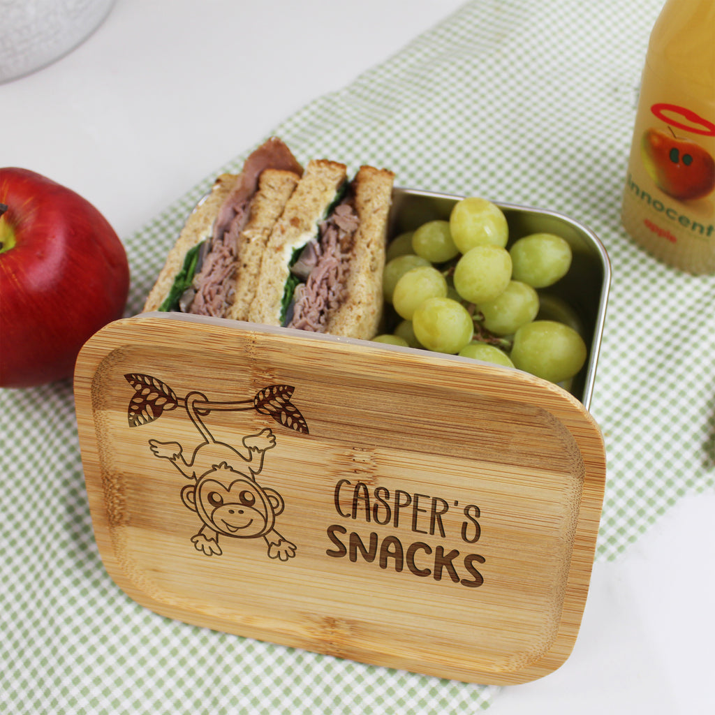 Personalised Kids Metal Monkey Lunch Box with Bamboo Lid & Cutlery