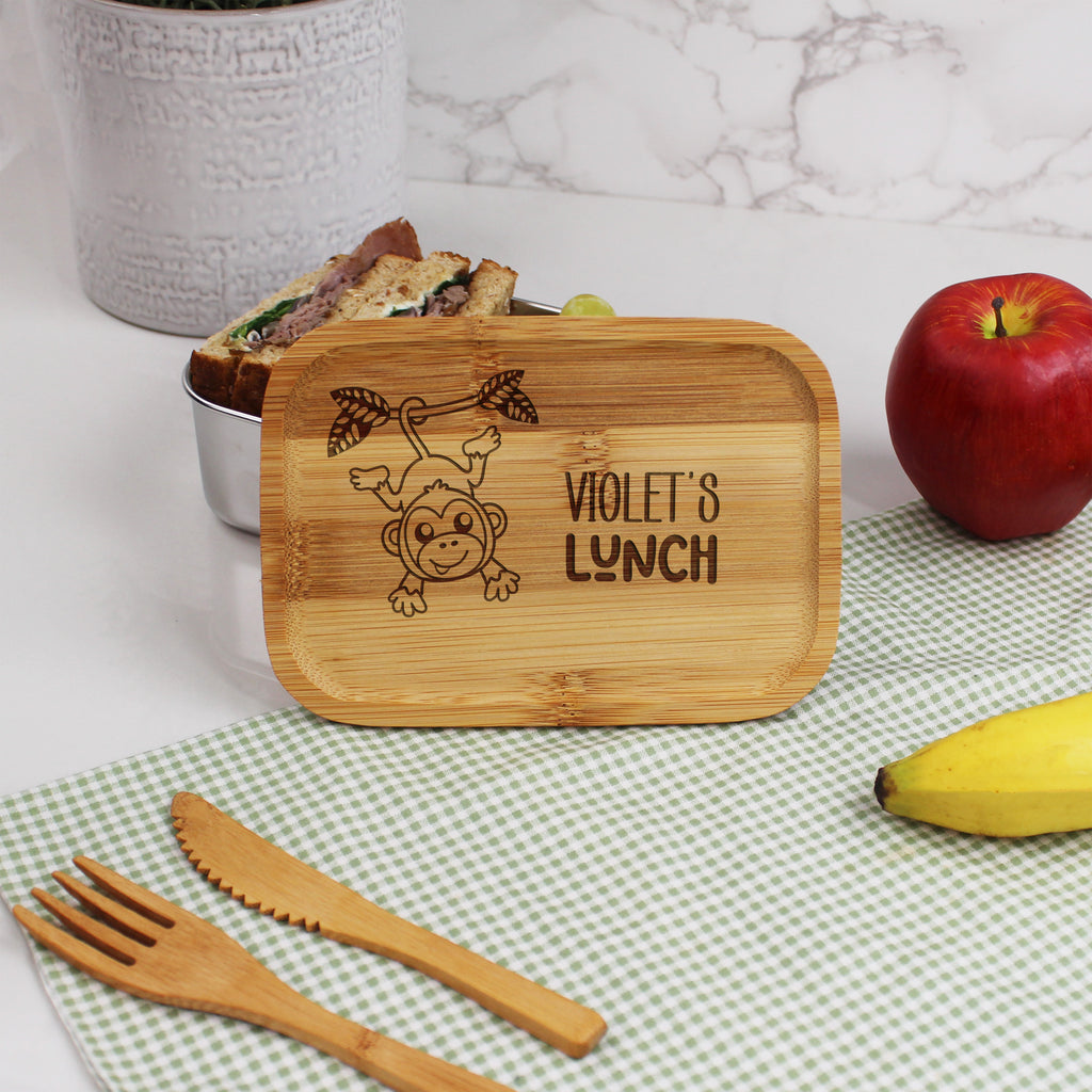 Personalised Kids Metal Monkey Lunch Box with Bamboo Lid & Cutlery