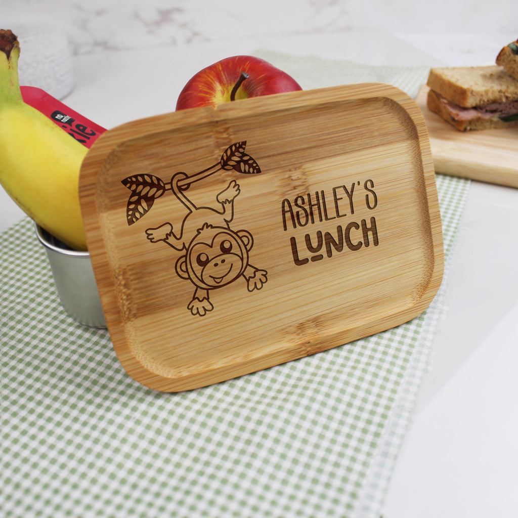 Personalised Kids Metal Monkey Lunch Box with Bamboo Lid & Cutlery