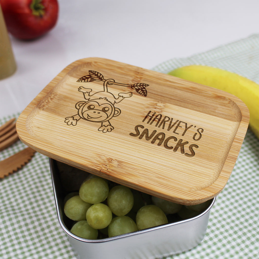 Personalised Kids Metal Monkey Lunch Box with Bamboo Lid & Cutlery