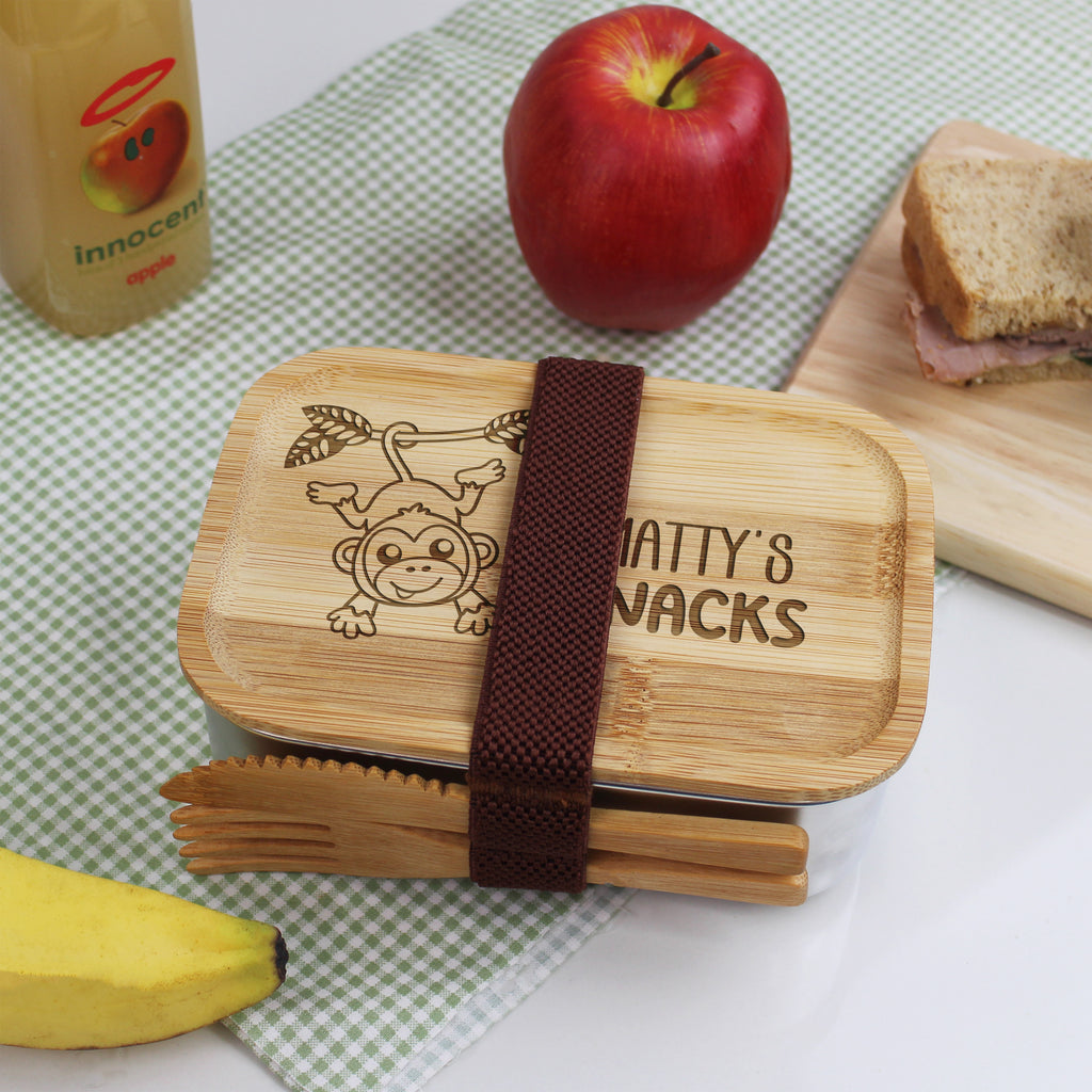 Personalised Kids Metal Monkey Lunch Box with Bamboo Lid & Cutlery