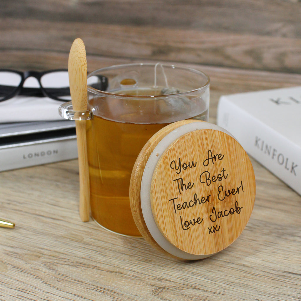 Personalised Glass Teacher Mug with Wooden Lid & Spoon