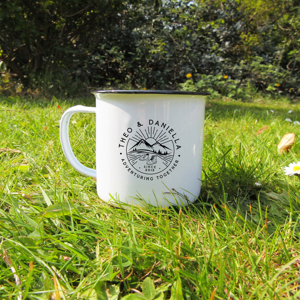 Personalised 'Adventuring Together' Mug, 13 oz Metal Enamel Mug - Walking Boots