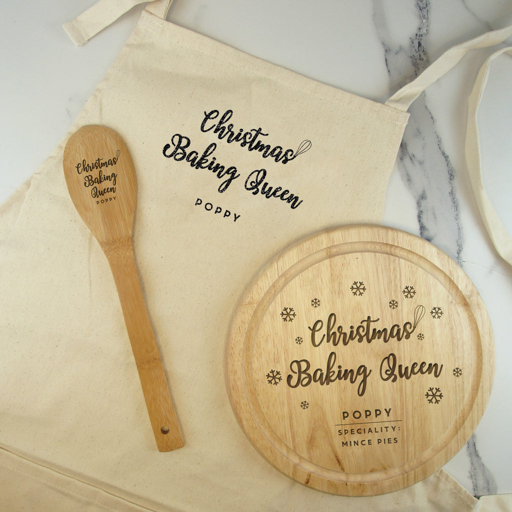 Personalised Adults 'Christmas Baking Queen' Set - Natural Organic Cotton Apron, Wooden 25cm Board & Mixing Spoon