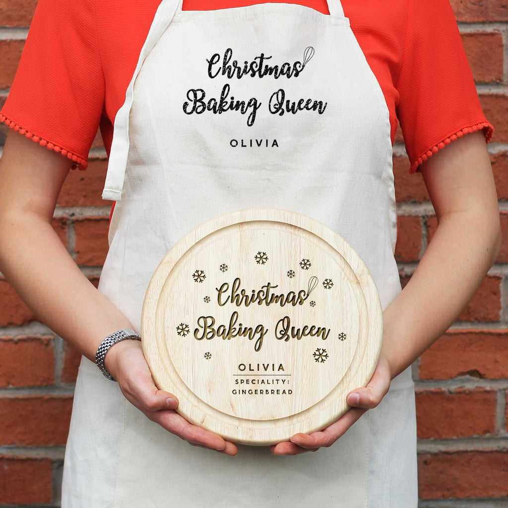 Personalised Adults 'Christmas Baking Queen' Set - Natural Organic Cotton Apron, Wooden 25cm Board & Mixing Spoon