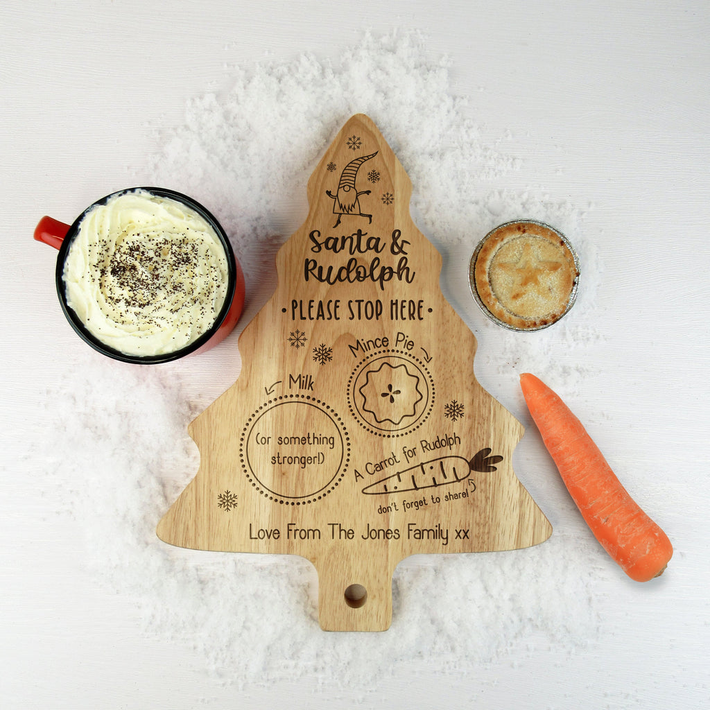 Personalised "Santa & Rudolph Please Stop Here" Wooden Tree Shaped Christmas Eve Board