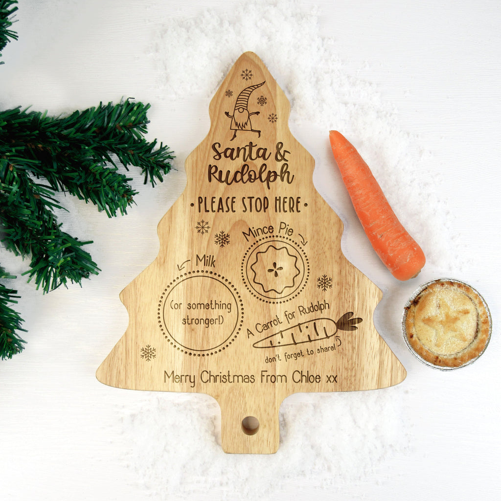 Personalised "Santa & Rudolph Please Stop Here" Wooden Tree Shaped Christmas Eve Board