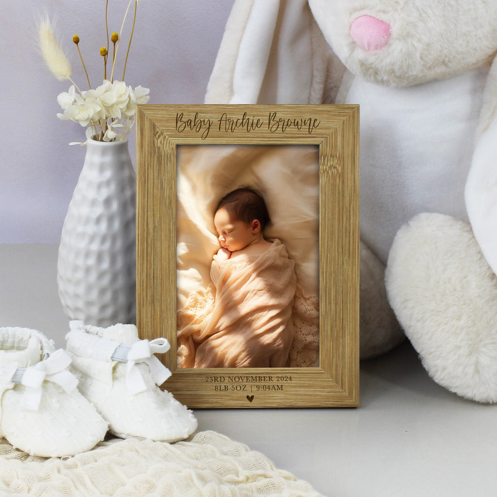 Personalised Wooden Baby Arrival Photo Frame with Baby Stats