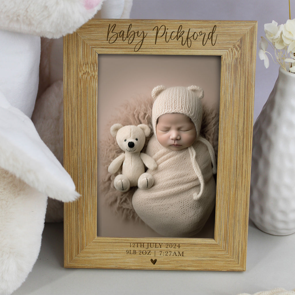 Personalised Wooden Baby Arrival Photo Frame with Baby Stats