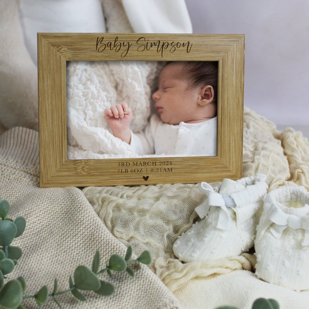 Personalised Wooden Baby Arrival Photo Frame with Baby Stats