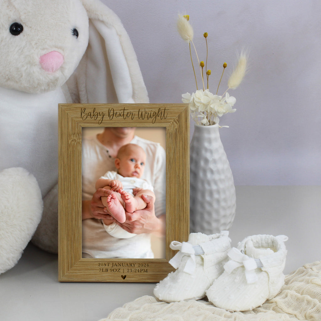 Personalised Wooden Baby Arrival Photo Frame with Baby Stats