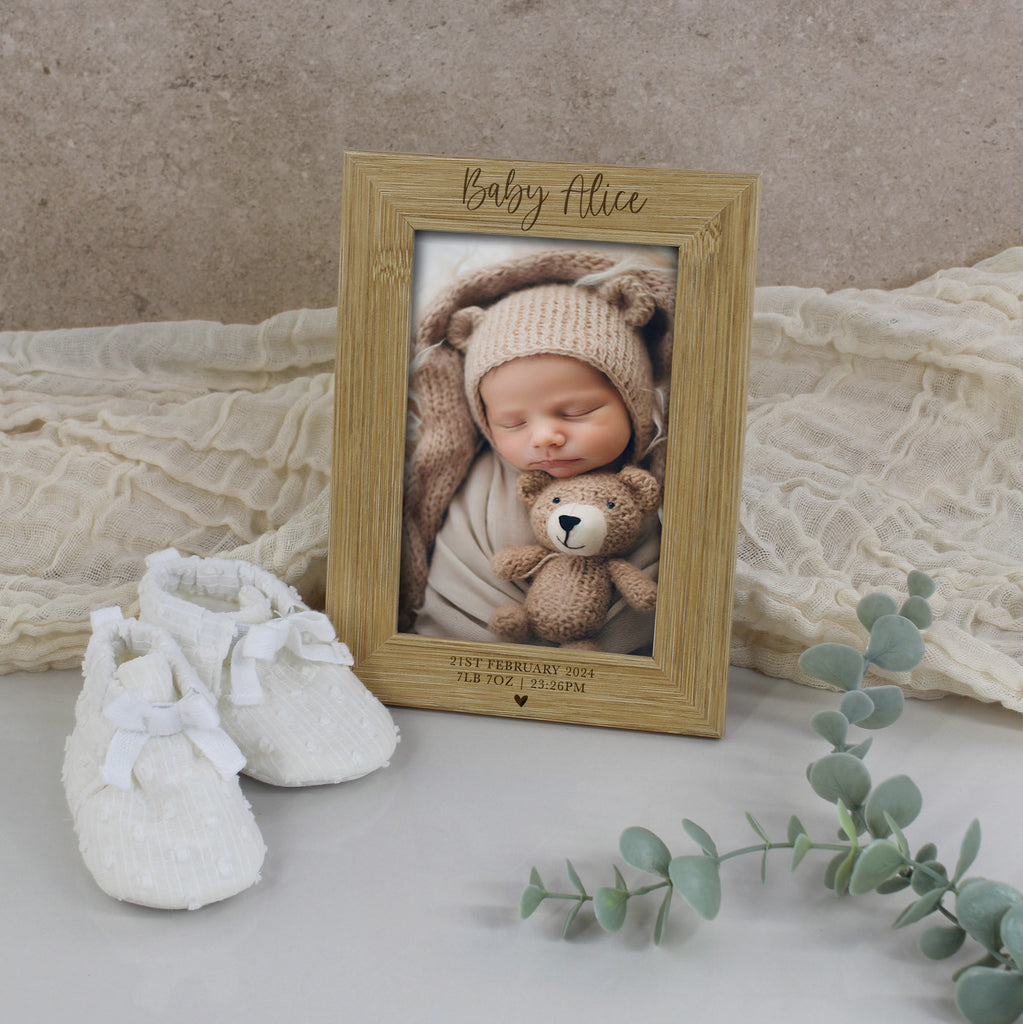 Personalised Wooden Baby Arrival Photo Frame with Baby Stats