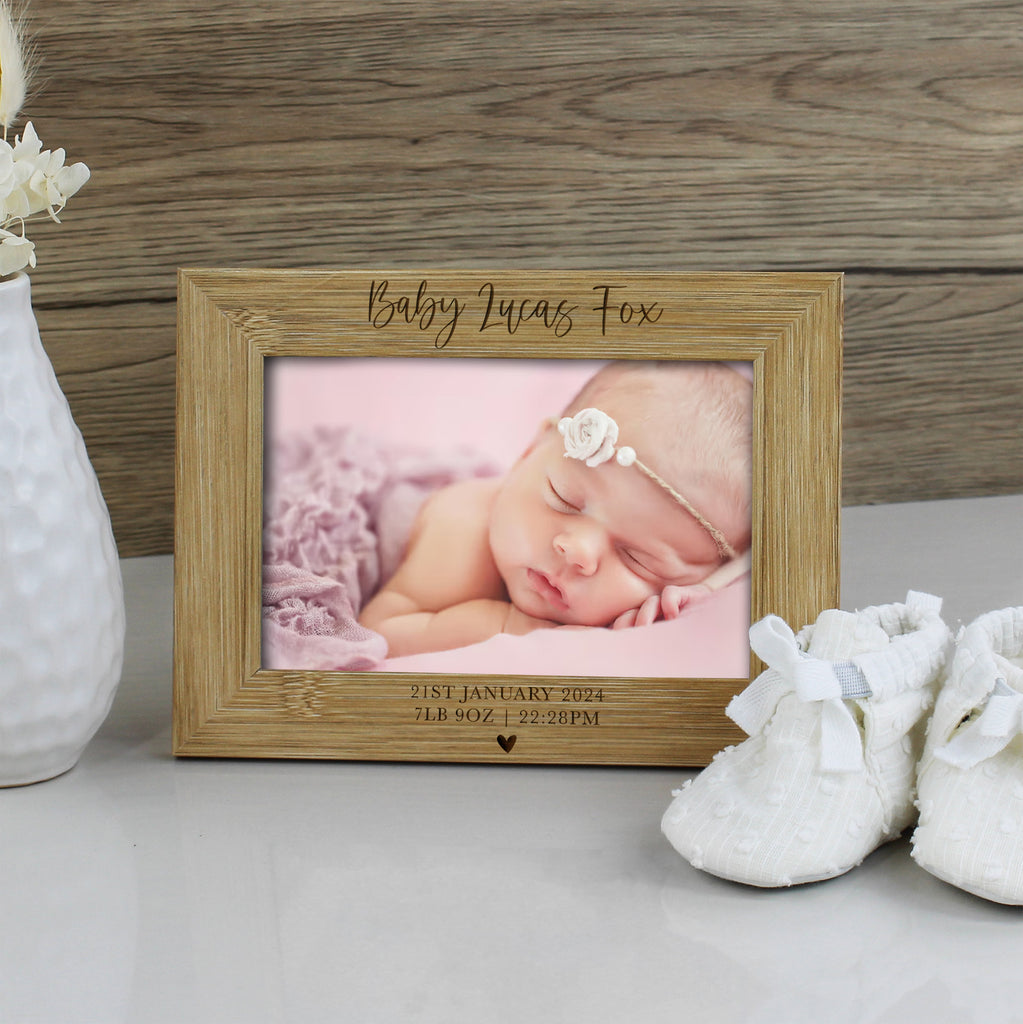 Personalised Wooden Baby Arrival Photo Frame with Baby Stats