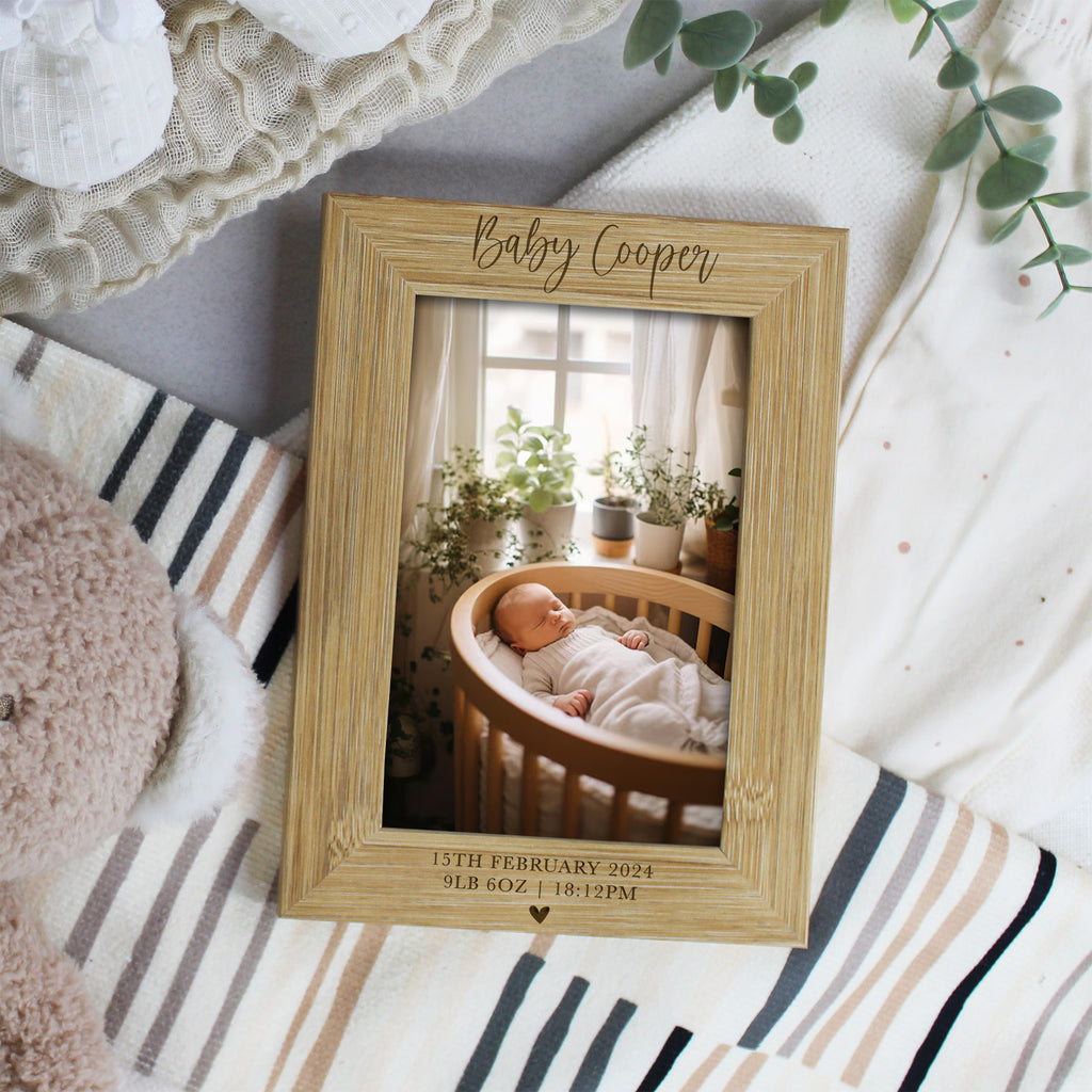 Personalised Wooden Baby Arrival Photo Frame with Baby Stats