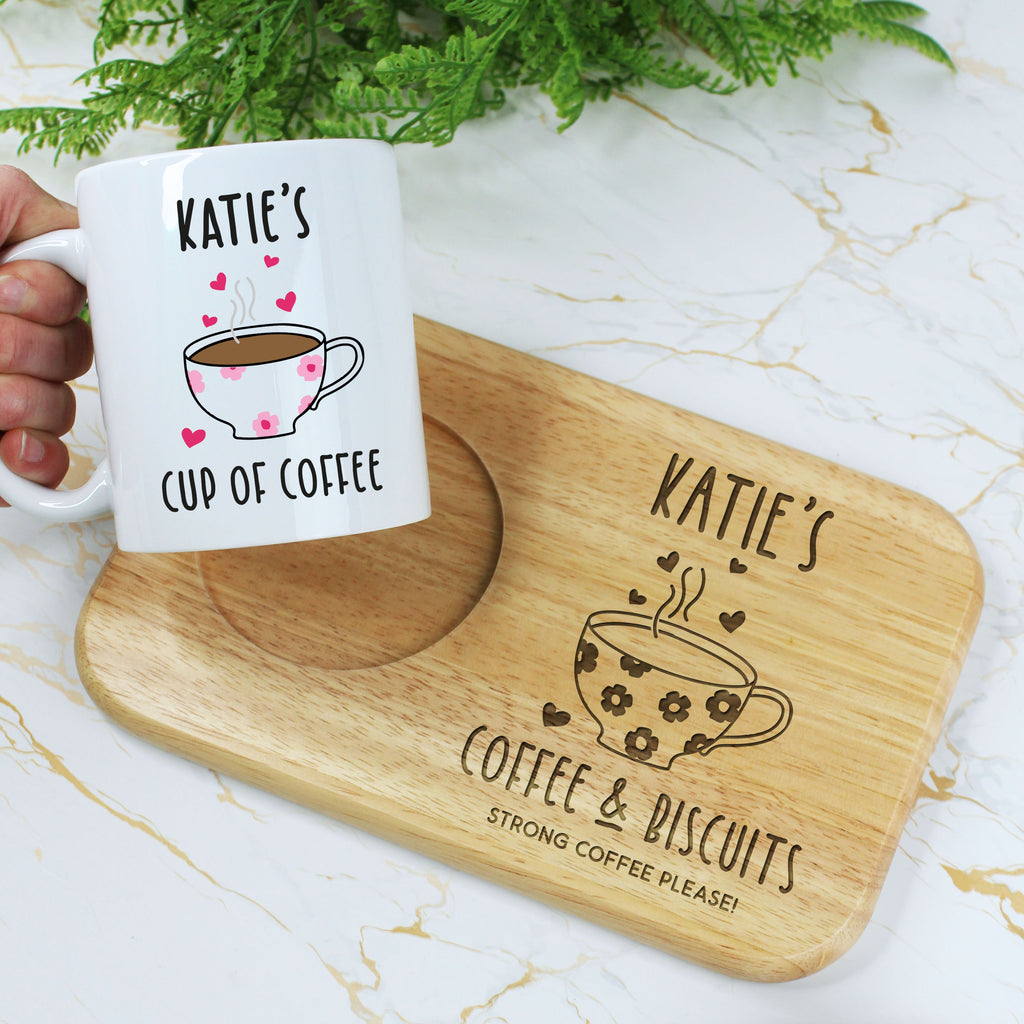 Personalised 'Coffee & Biscuits' Board & Cup of Coffee Mug Set - Any Name