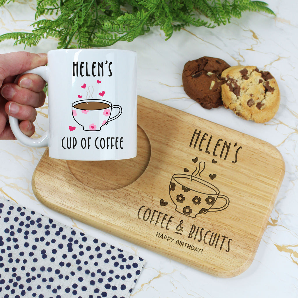 Personalised 'Coffee & Biscuits' Board & Cup of Coffee Mug Set - Any Name