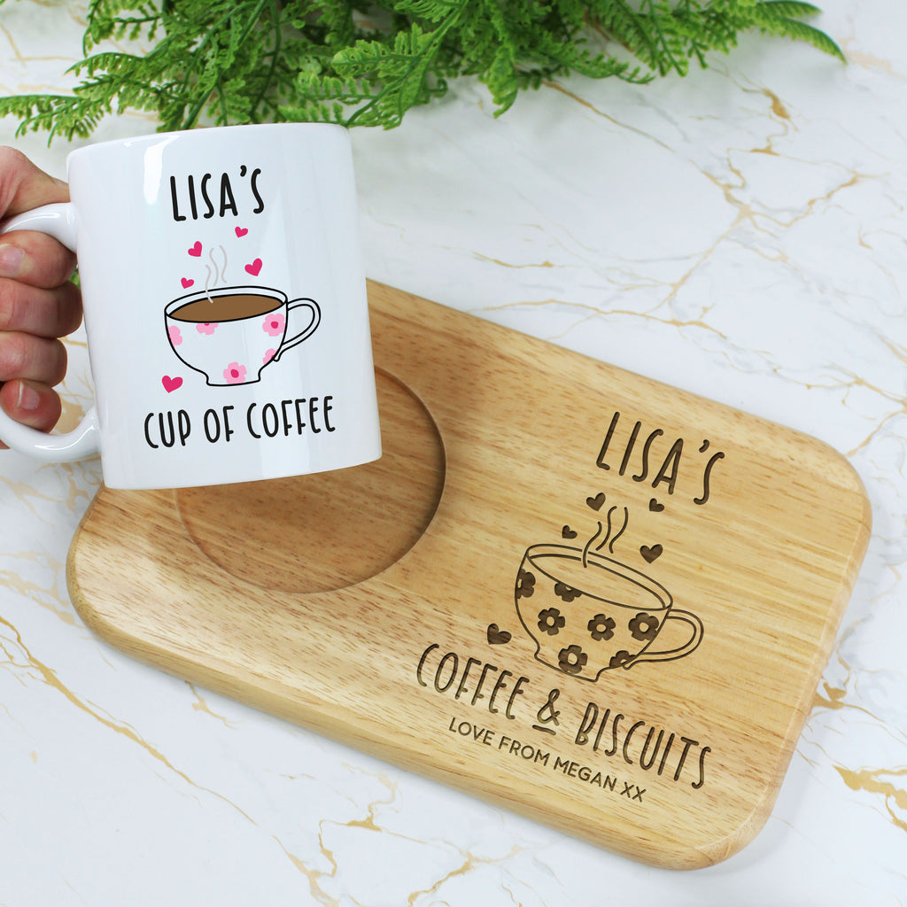 Personalised 'Coffee & Biscuits' Board & Cup of Coffee Mug Set - Any Name