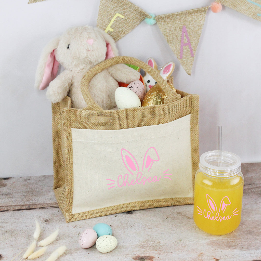 Personalised Small Easter Jute Bag with Matching Tumbler & Straw
