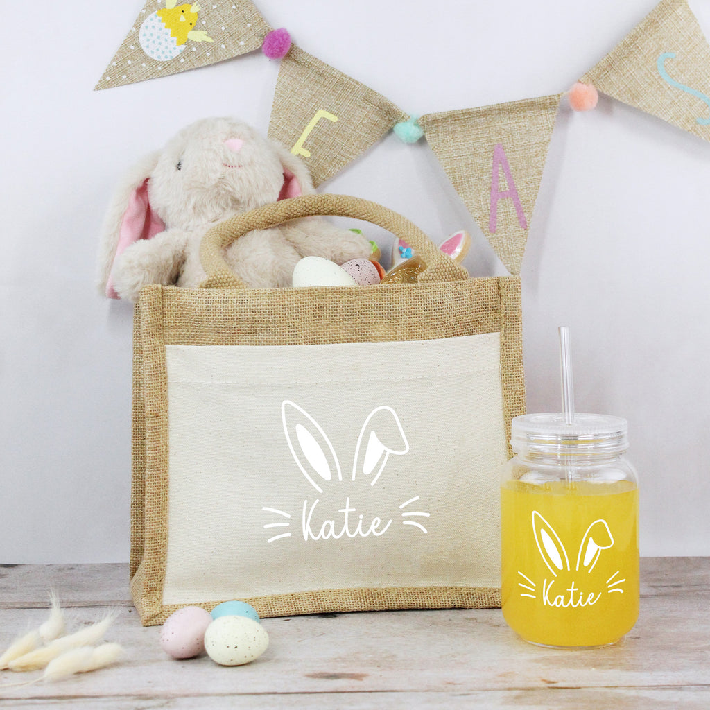 Personalised Small Easter Jute Bag with Matching Tumbler & Straw