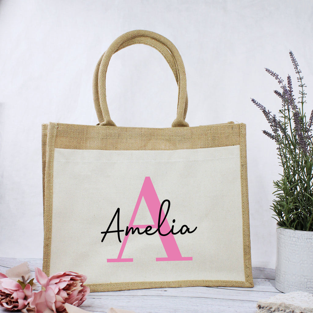 Personalised Pink Initial & Name Jute Bag