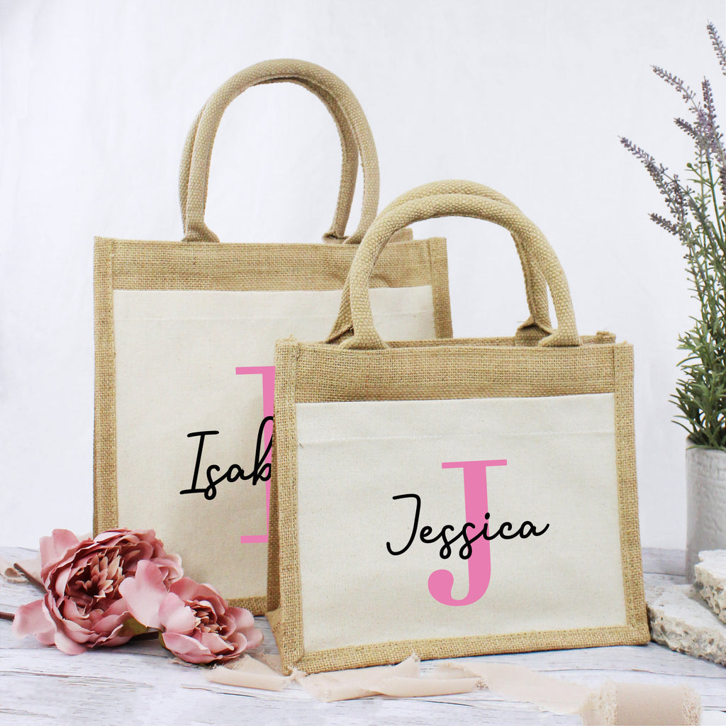 Personalised Pink Initial & Name Jute Bag