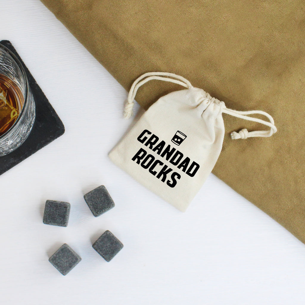 Grandad Rocks Whisky Stones with Cotton Drawstring Bag & 4 Soapstone Ice Cubes