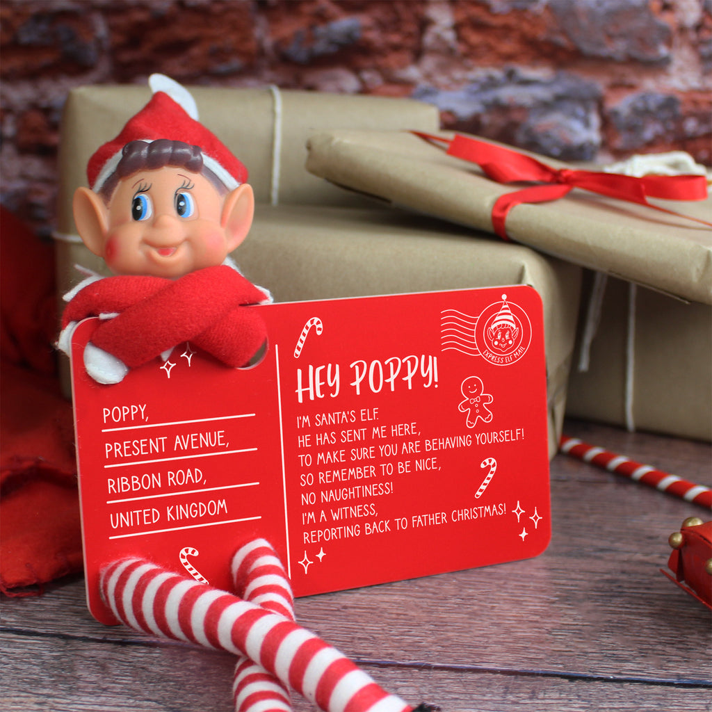 Personalised Red Acrylic Elf Arrival Postcard with Girl or Boy Elf Option