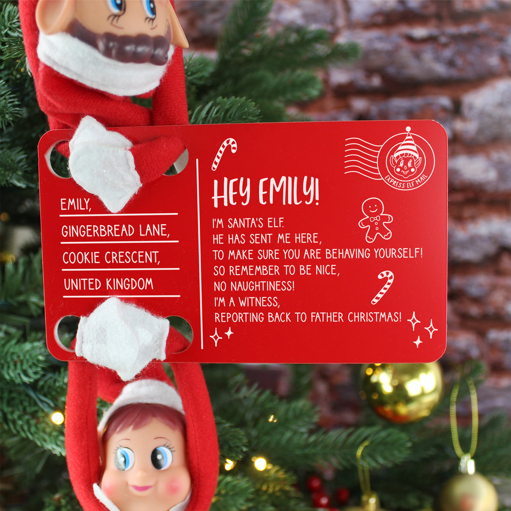 Personalised Red Acrylic Elf Arrival Postcard with Girl or Boy Elf Option