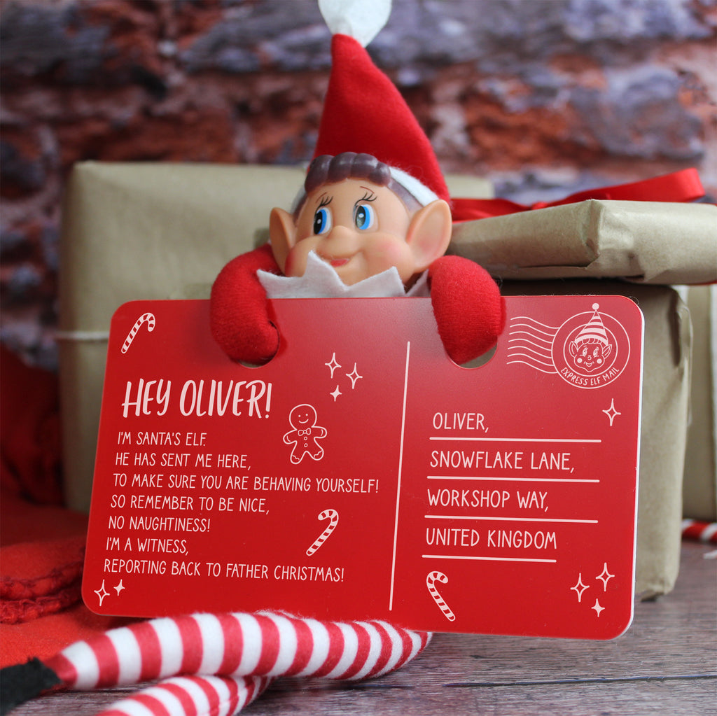 Personalised Red Acrylic Elf Arrival Postcard with Girl or Boy Elf Option