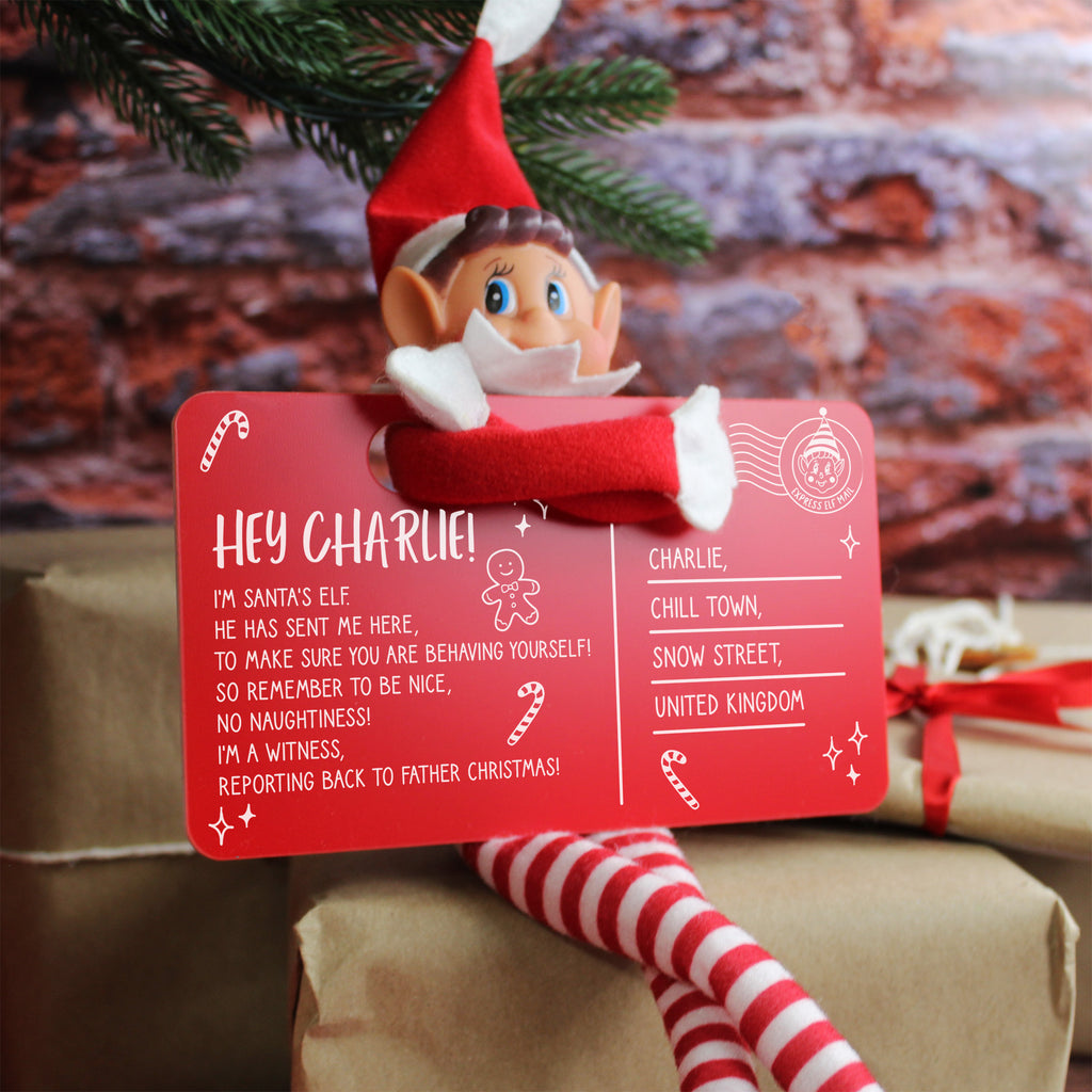 Personalised Red Acrylic Elf Arrival Postcard with Girl or Boy Elf Option