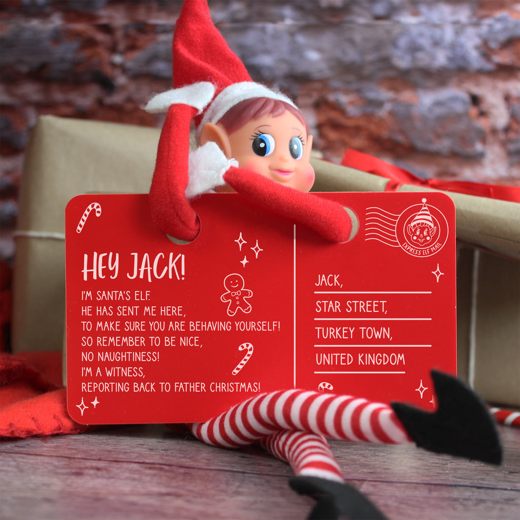 Personalised Red Acrylic Elf Arrival Postcard with Girl or Boy Elf Option