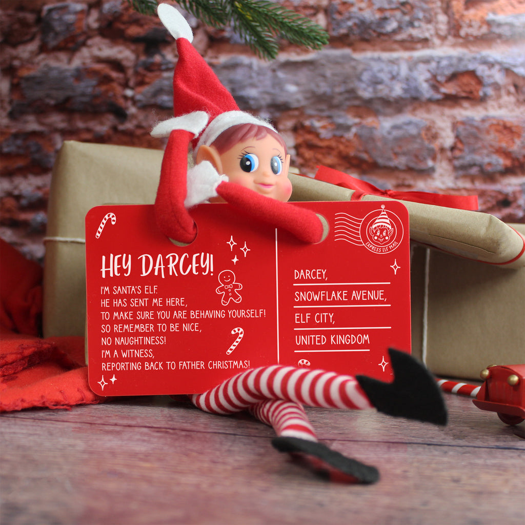 Personalised Red Acrylic Elf Arrival Postcard with Girl or Boy Elf Option