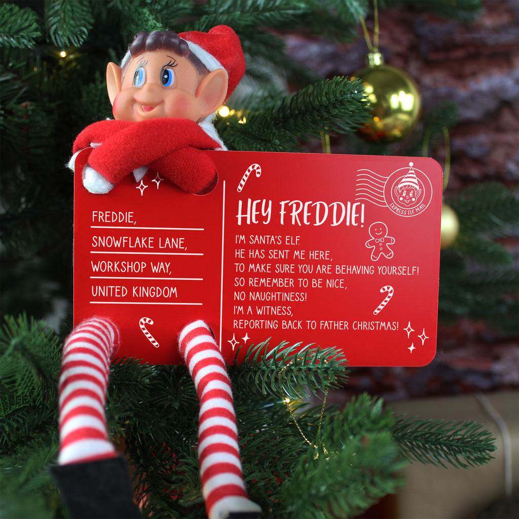 Personalised Red Acrylic Elf Arrival Postcard with Girl or Boy Elf Option