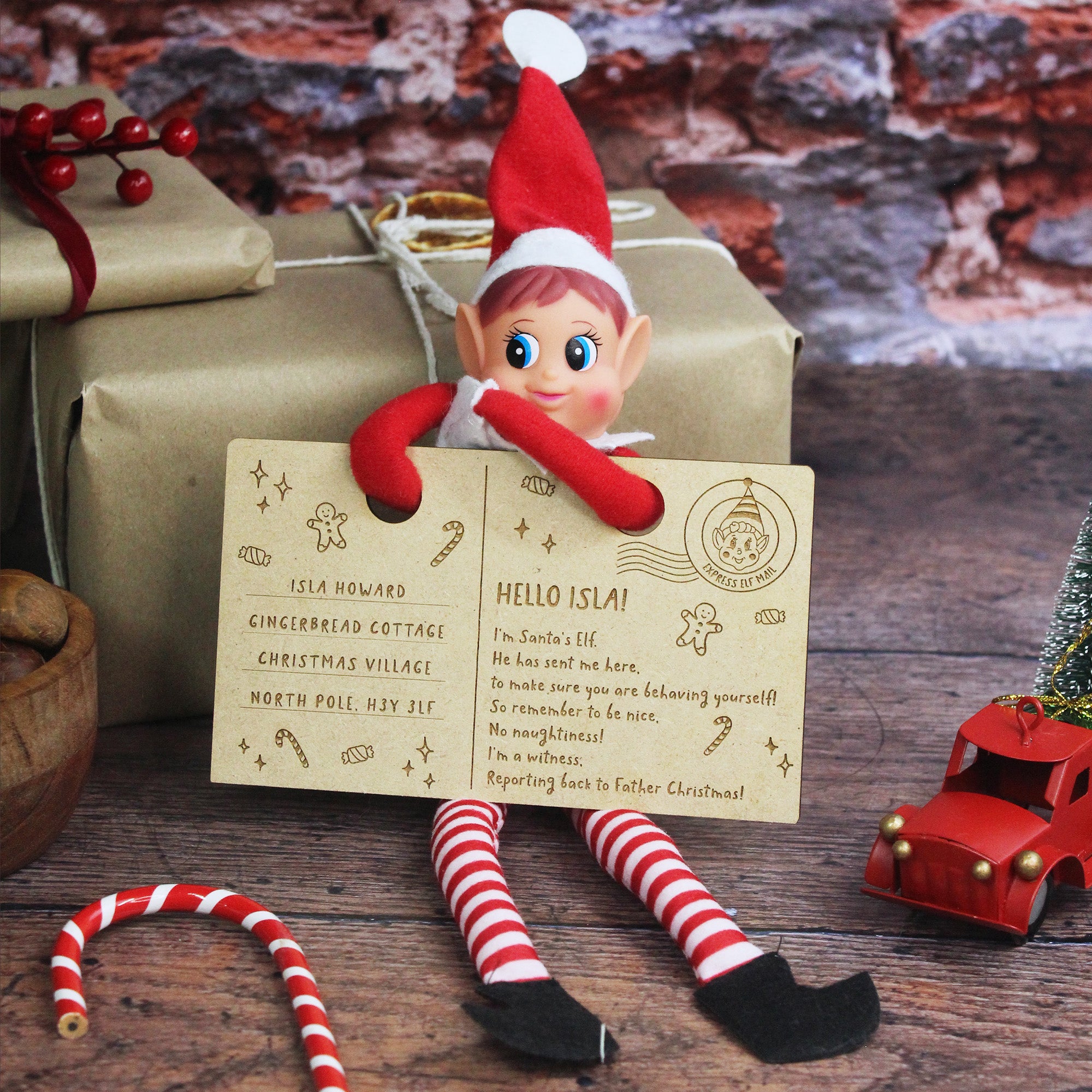 Personalised Illustrated Wooden Elf Arrival Postcard with Elf Stamp ...